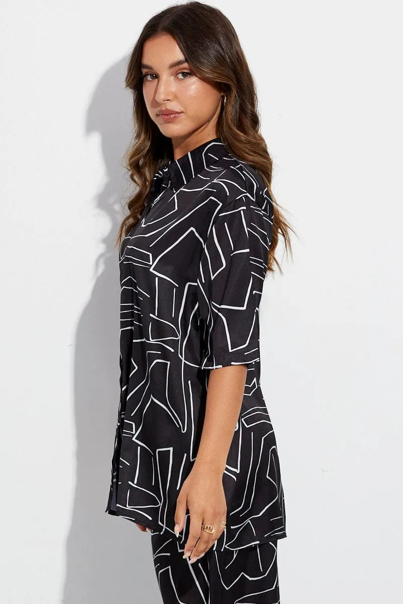 Black Abstract Relaxed Fit Shirt Short Sleeve Collared Longline