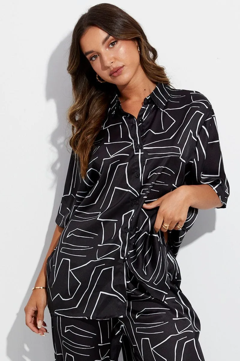 Black Abstract Relaxed Fit Shirt Short Sleeve Collared Longline