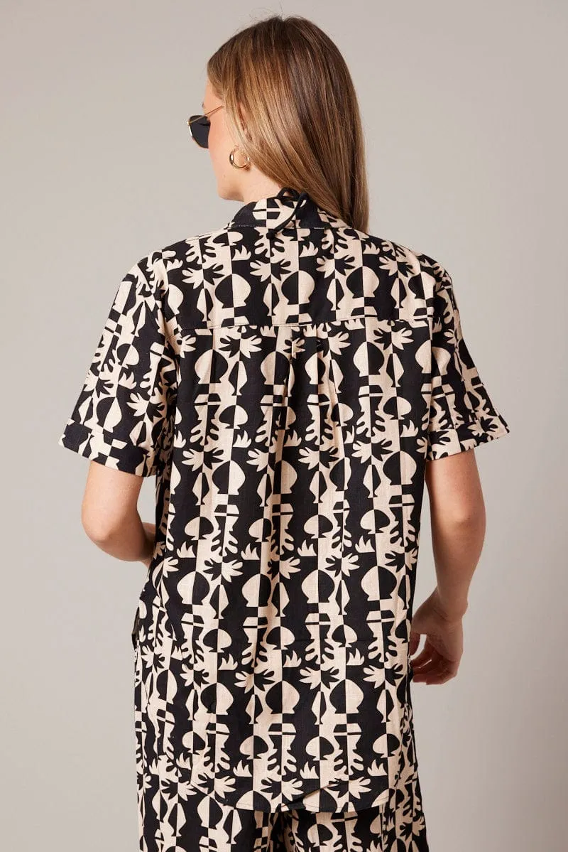 Black Abstract Relaxed Shirt Short Sleeve Linen Blend