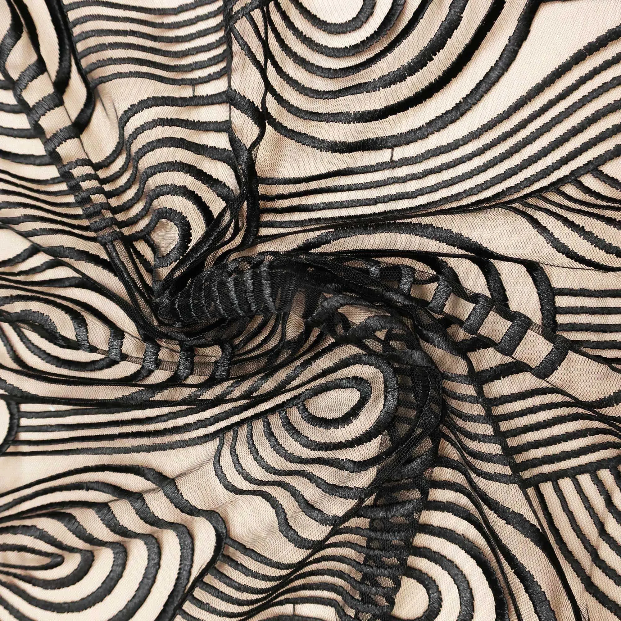 Black Abstract Swirled Embroidered Tulle Fabric