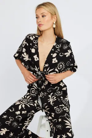 Black Abstract Tie Up Bolero Short Sleeve