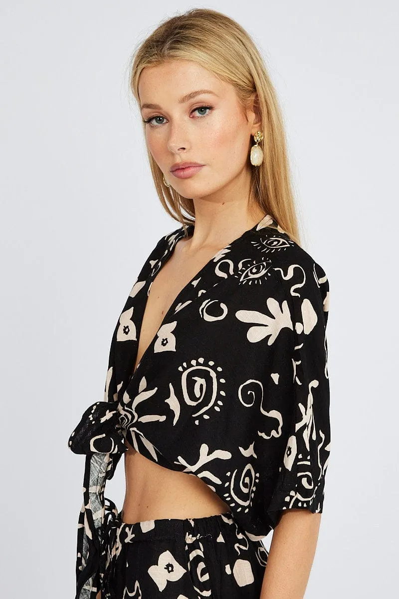 Black Abstract Tie Up Bolero Short Sleeve