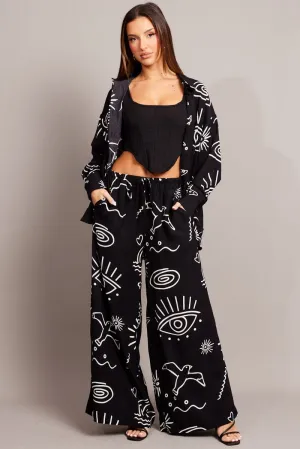 Black Abstract Wide Leg Pants High Rise