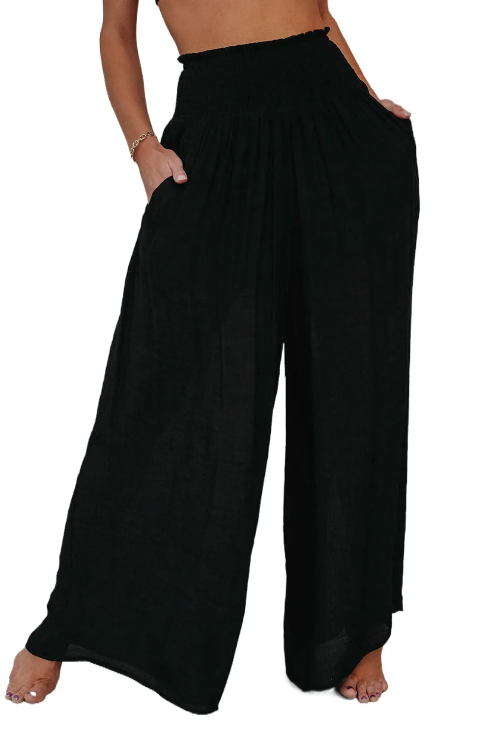 Black Frill Smocked High Waist Flowy Wide Leg Pants