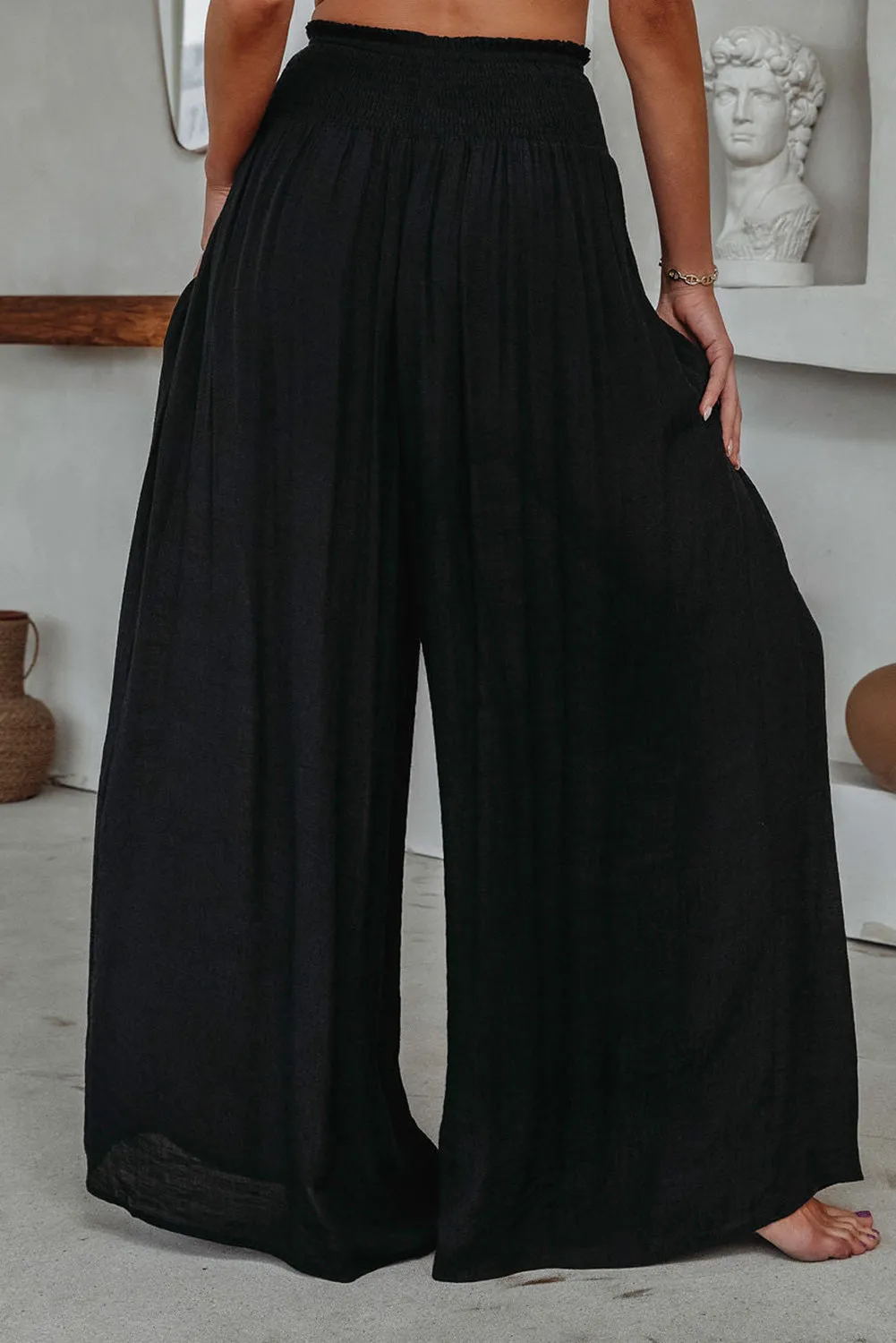 Black Frill Smocked High Waist Flowy Wide Leg Pants