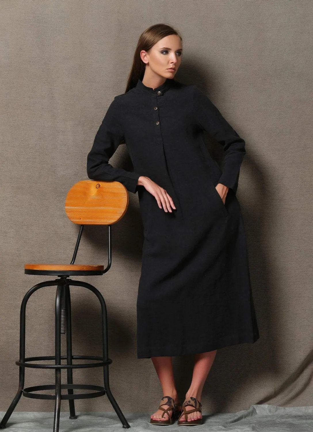 Black linen dress, linen shirt dress, midi linen dress, long sleeves dress, pocket dress, autumn dress, woman dress, button dress C610