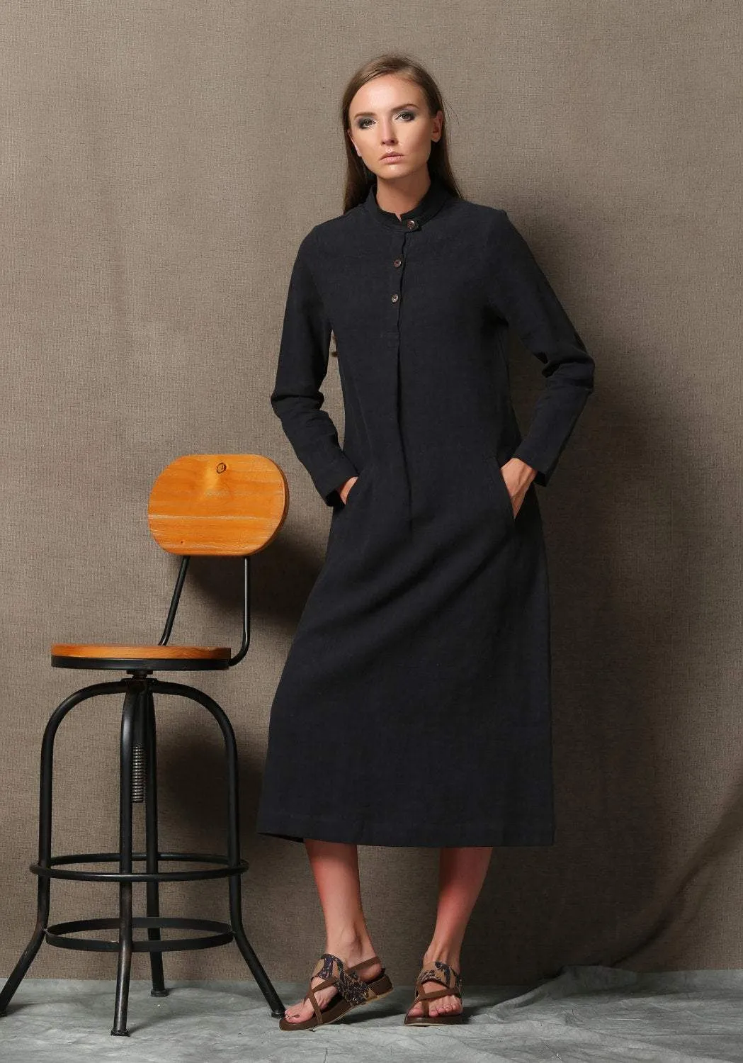 Black linen dress, linen shirt dress, midi linen dress, long sleeves dress, pocket dress, autumn dress, woman dress, button dress C610