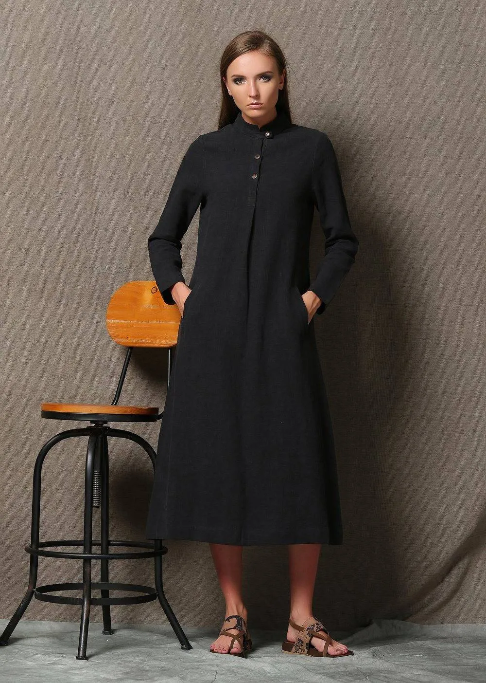 Black linen dress, linen shirt dress, midi linen dress, long sleeves dress, pocket dress, autumn dress, woman dress, button dress C610