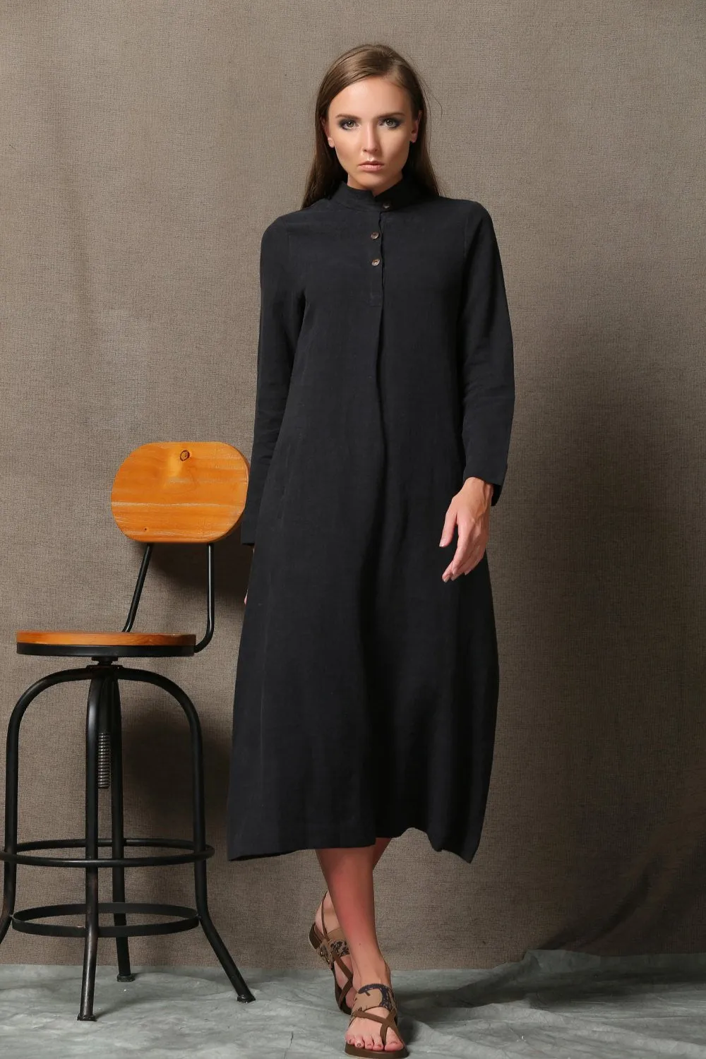 Black linen dress, linen shirt dress, midi linen dress, long sleeves dress, pocket dress, autumn dress, woman dress, button dress C610