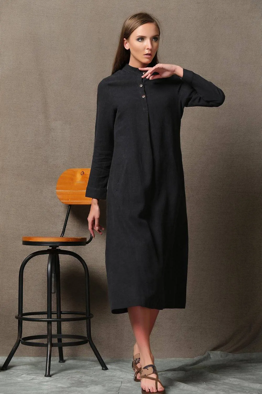 Black linen dress, linen shirt dress, midi linen dress, long sleeves dress, pocket dress, autumn dress, woman dress, button dress C610