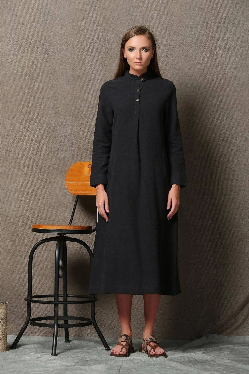 Black linen dress, linen shirt dress, midi linen dress, long sleeves dress, pocket dress, autumn dress, woman dress, button dress C610