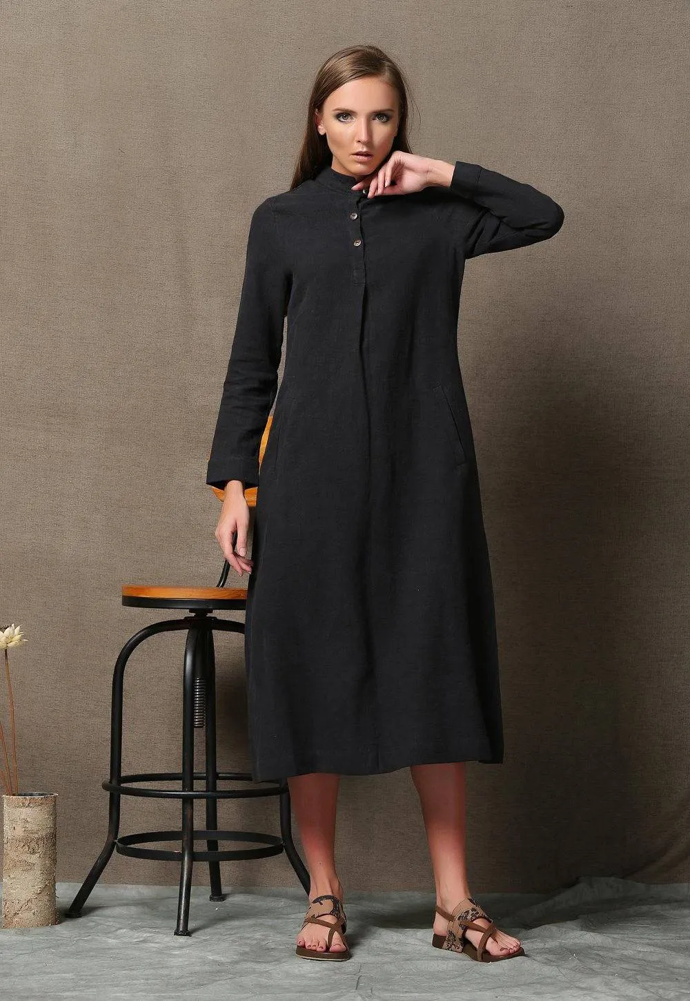 Black linen dress, linen shirt dress, midi linen dress, long sleeves dress, pocket dress, autumn dress, woman dress, button dress C610