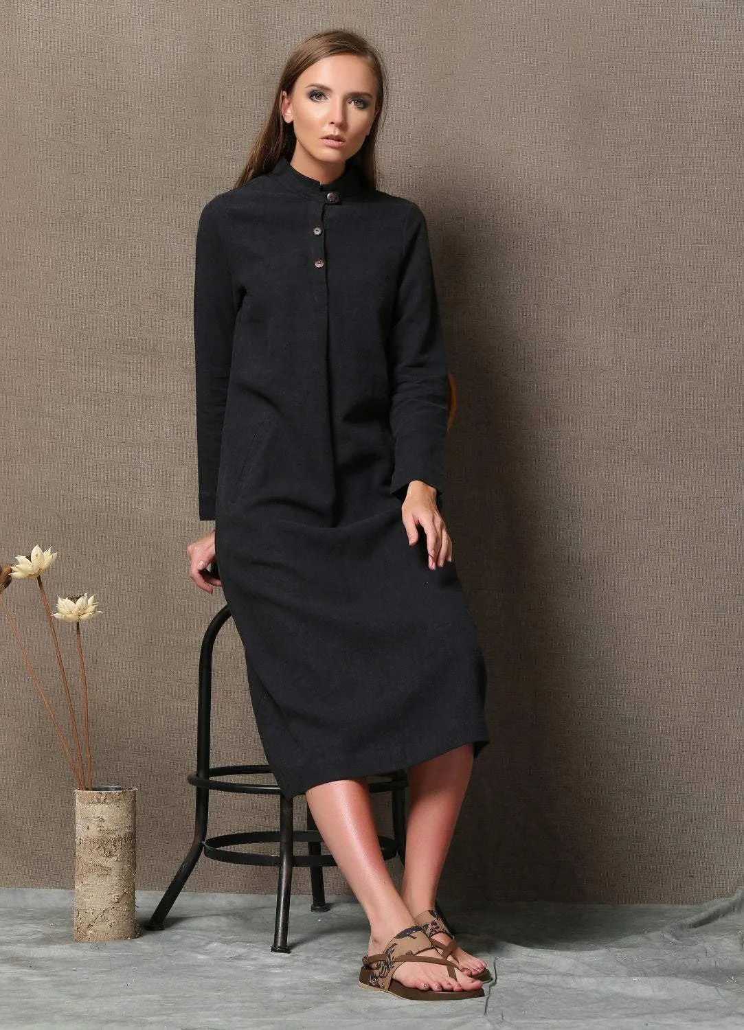 Black linen dress, linen shirt dress, midi linen dress, long sleeves dress, pocket dress, autumn dress, woman dress, button dress C610