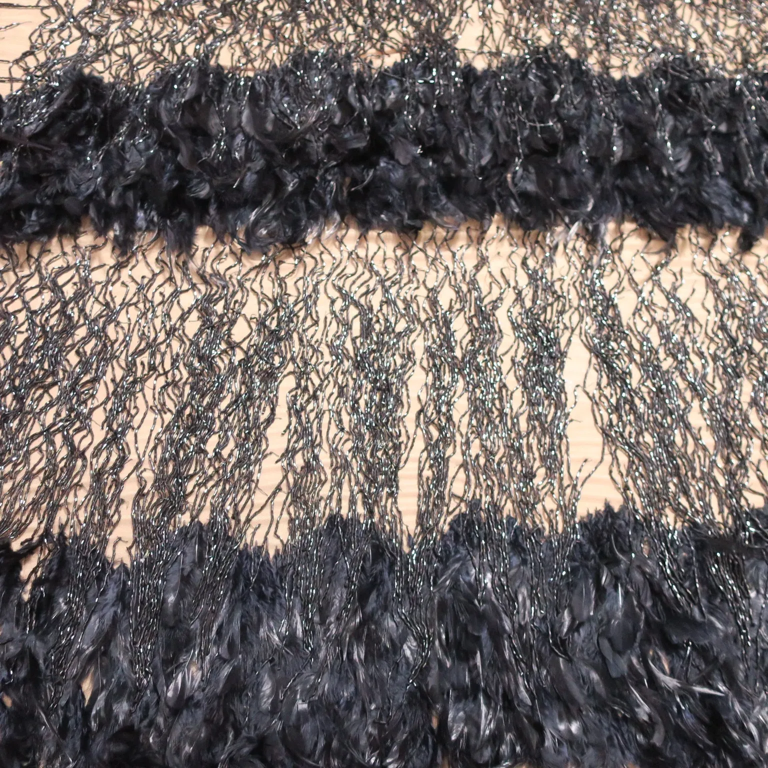 Black Tulle with Fringes and Feathers Abstract Embroidered Fabric