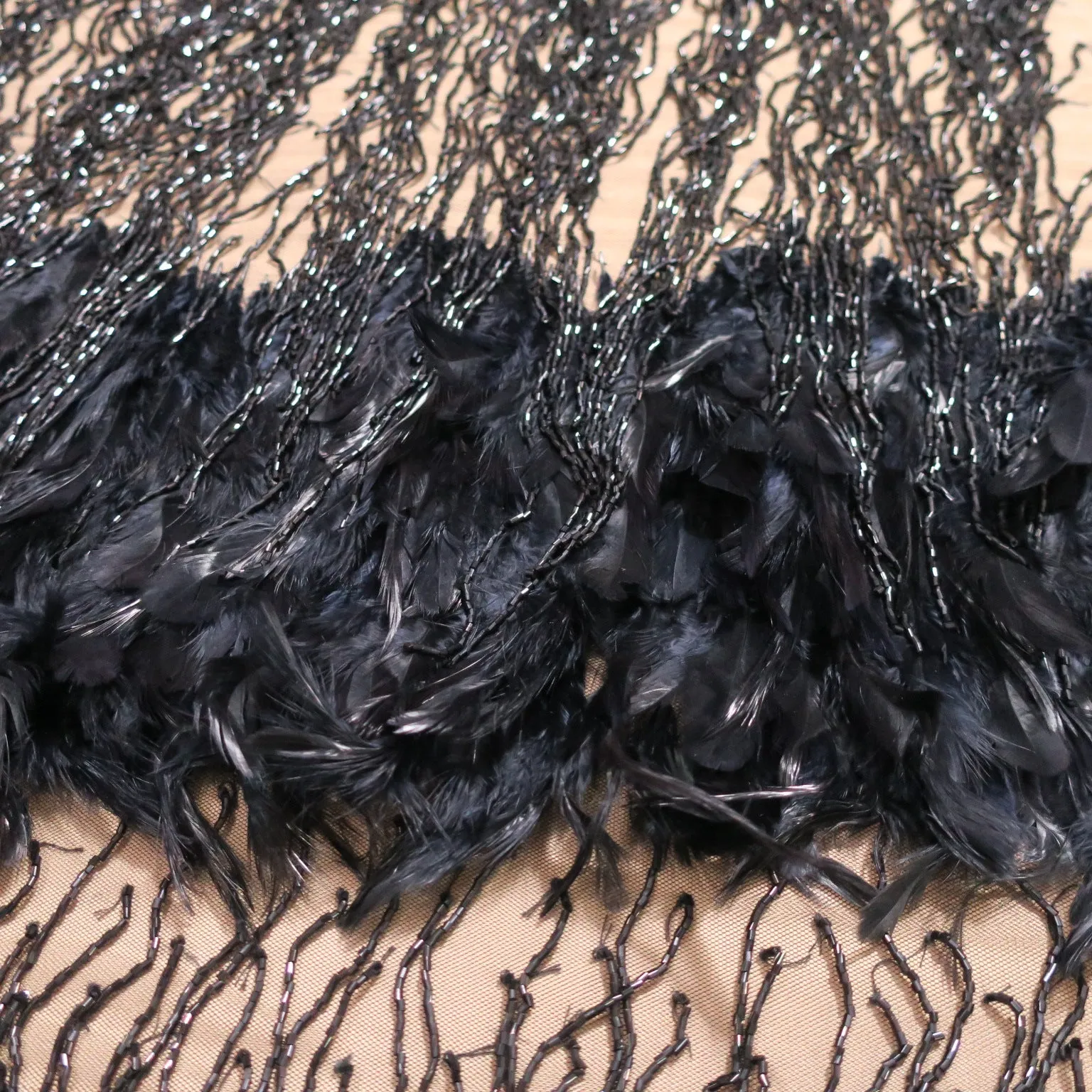 Black Tulle with Fringes and Feathers Abstract Embroidered Fabric