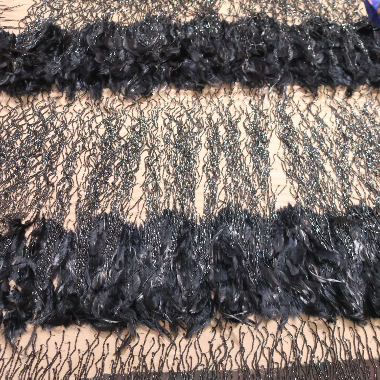 Black Tulle with Fringes and Feathers Abstract Embroidered Fabric