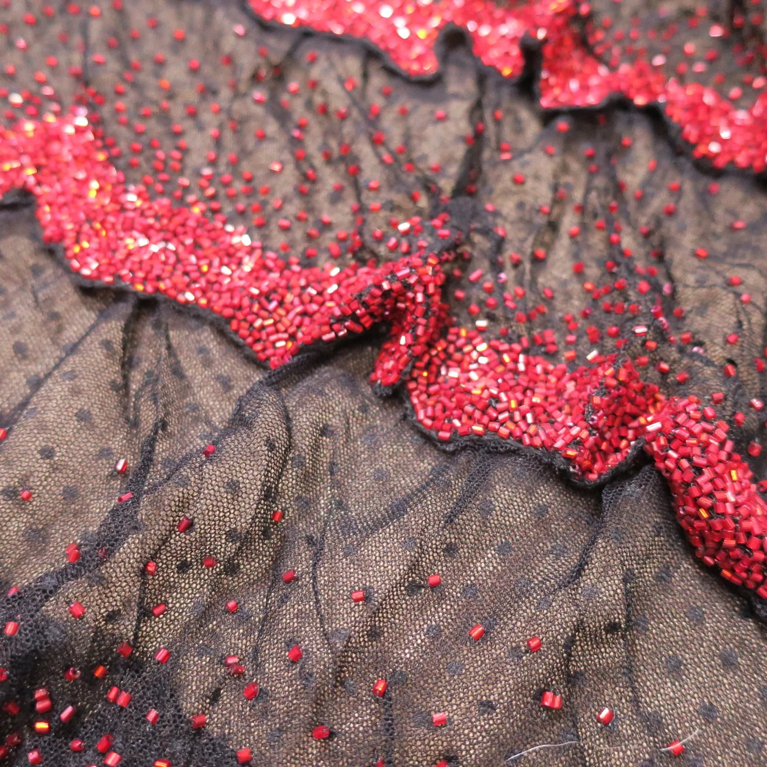 Black with Red Accents Abstract Embroidered Tulle Fabric