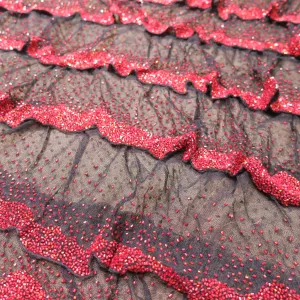 Black with Red Accents Abstract Embroidered Tulle Fabric