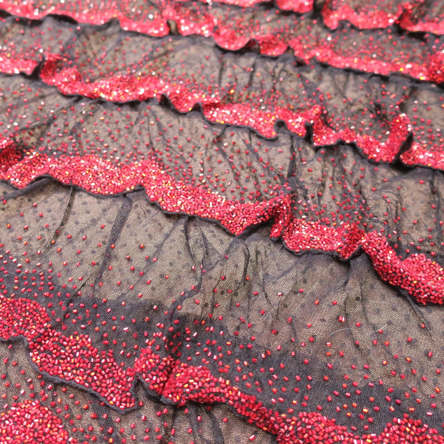 Black with Red Accents Abstract Embroidered Tulle Fabric