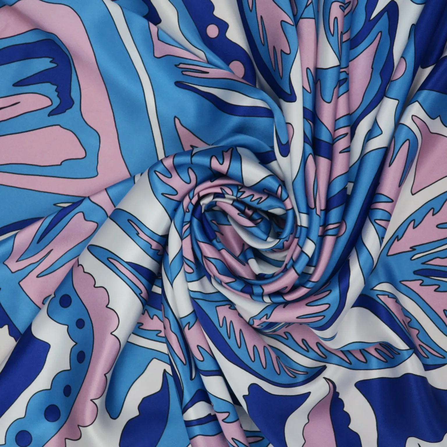 Blue and Pink Abstract Foliage Printed Silk Charmeuse Fabric