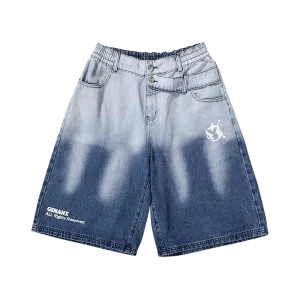 Blue and white gradient Lightning printed button belt denim quarter shorts