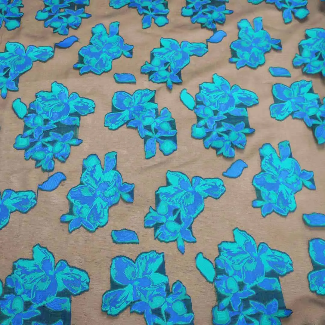 Blue Floral in a Black Background Textured Brocade Fabric