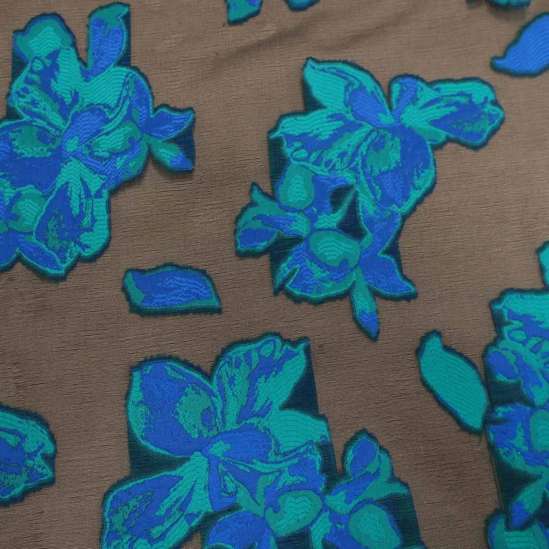 Blue Floral in a Black Background Textured Brocade Fabric