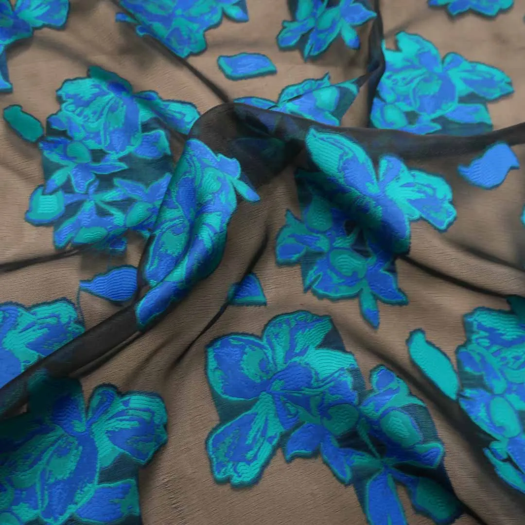 Blue Floral in a Black Background Textured Brocade Fabric