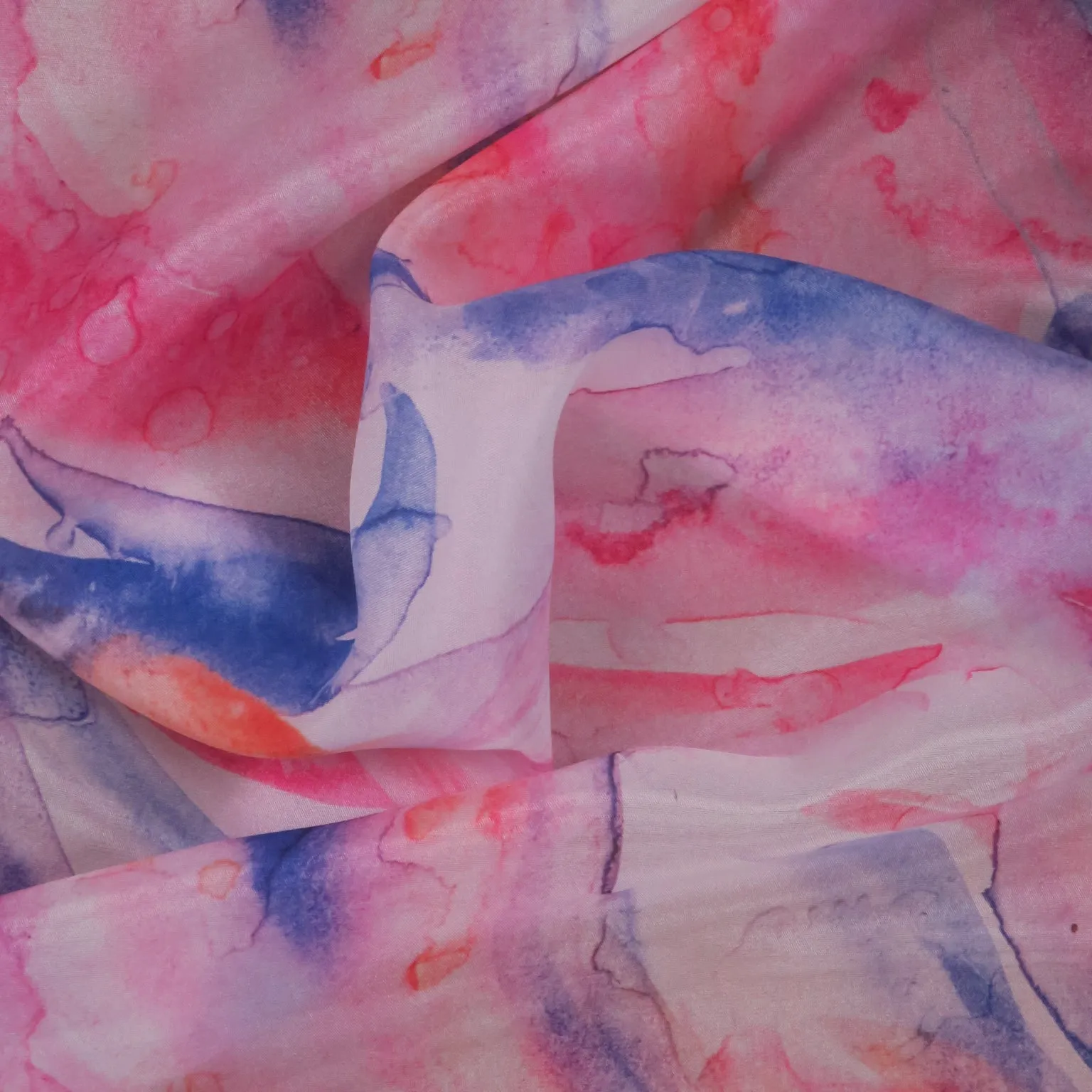 Blue Fuchsia and Orange Abstract Paint Printed Polyester Organza Fabric