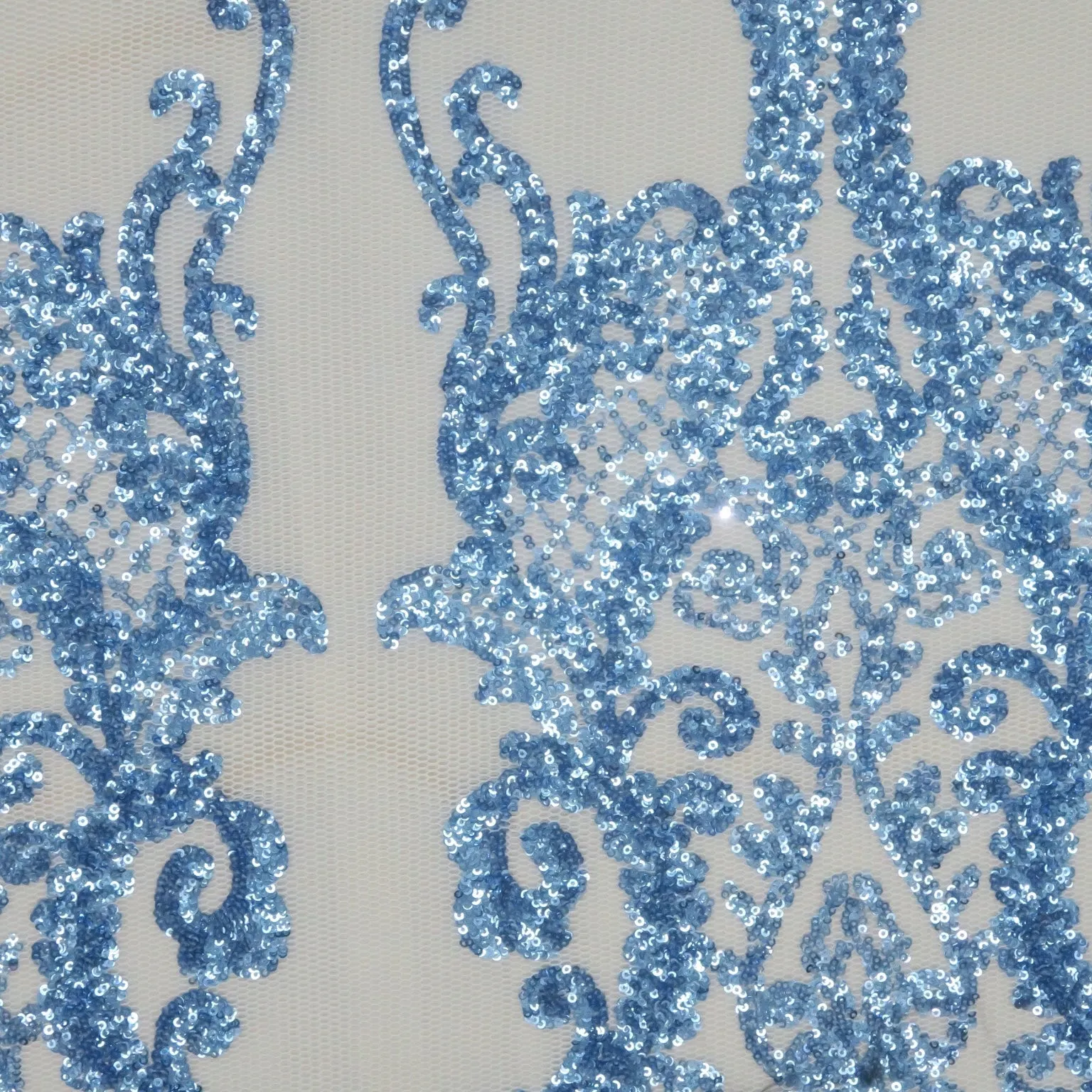 Blue Net with Blue Abstract Sequin Design Embroidered Fabric