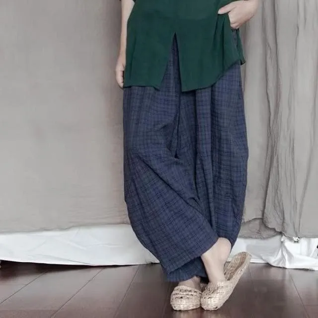 Blue Plaid Cotton Linen Pants | Lotus