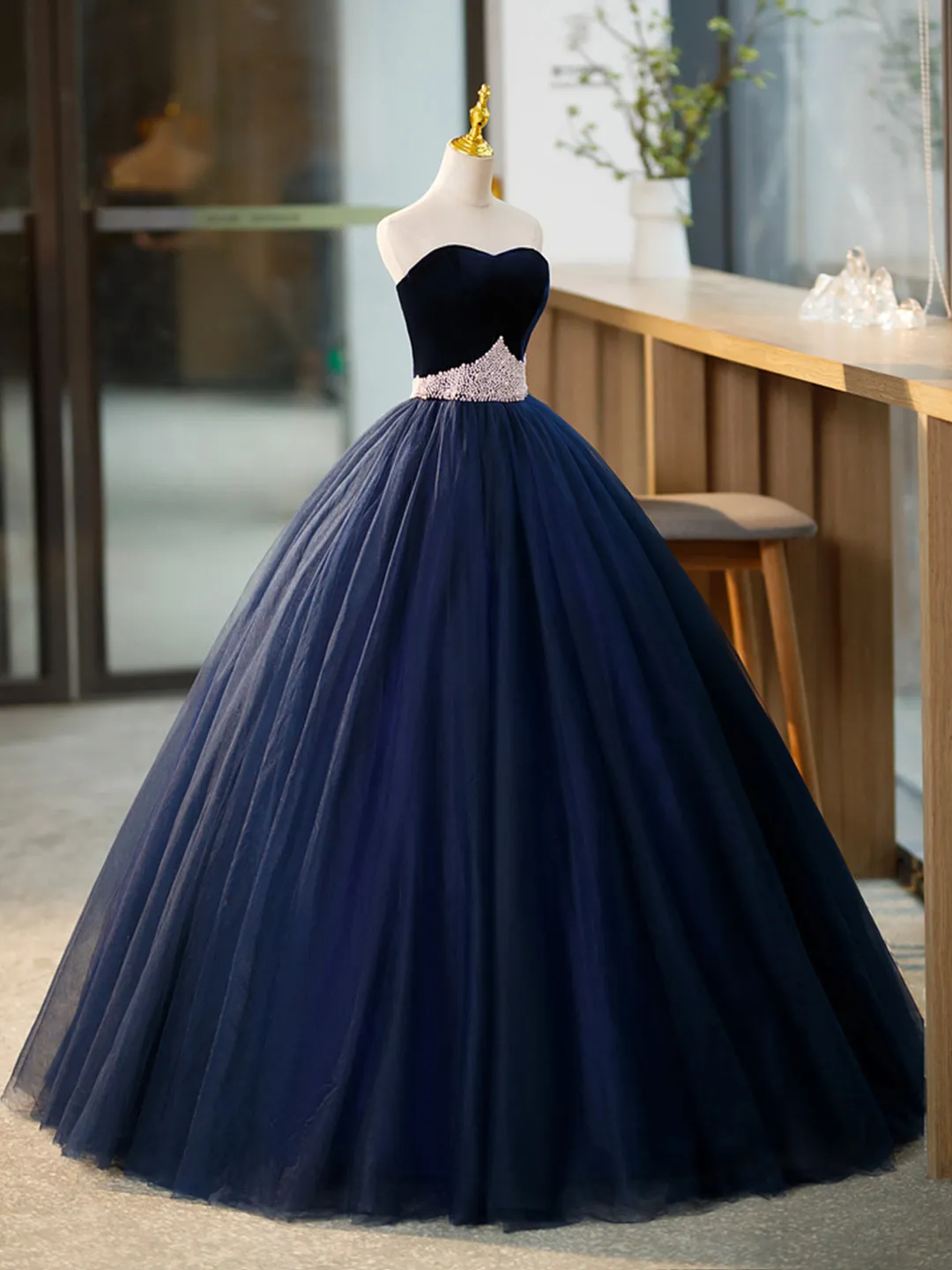 Blue Tulle Long Formal Dress with Velvet, Blue Sweetheart Neck Prom Dress