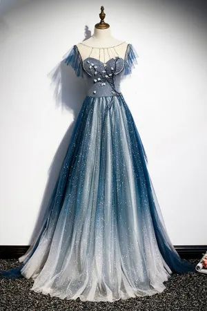 Blue Tulle Long Prom Dresses, A-Line Formal Evening Dresses