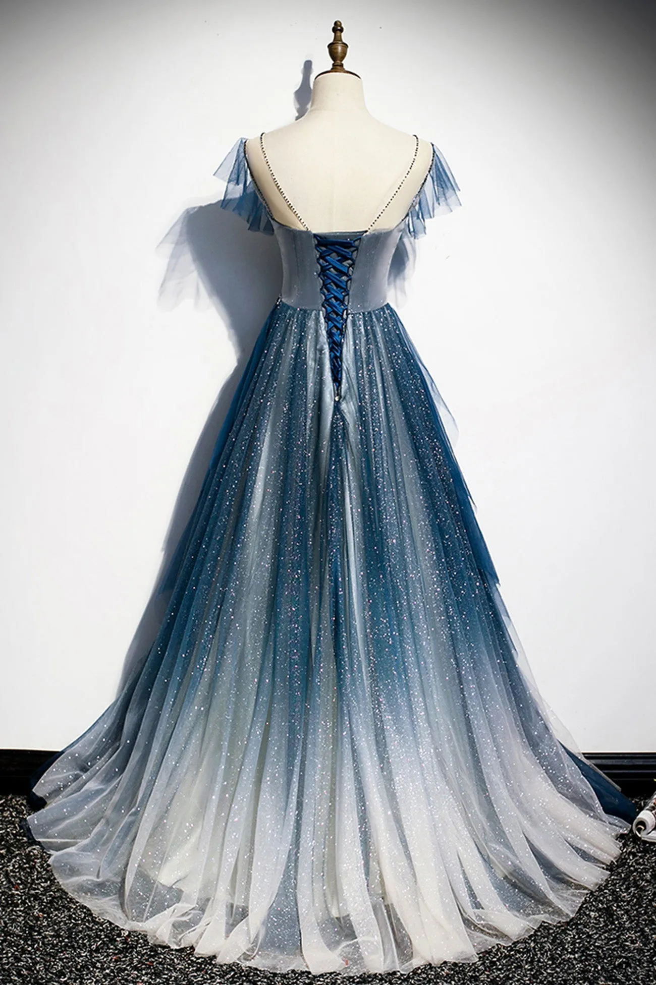 Blue Tulle Long Prom Dresses, A-Line Formal Evening Dresses