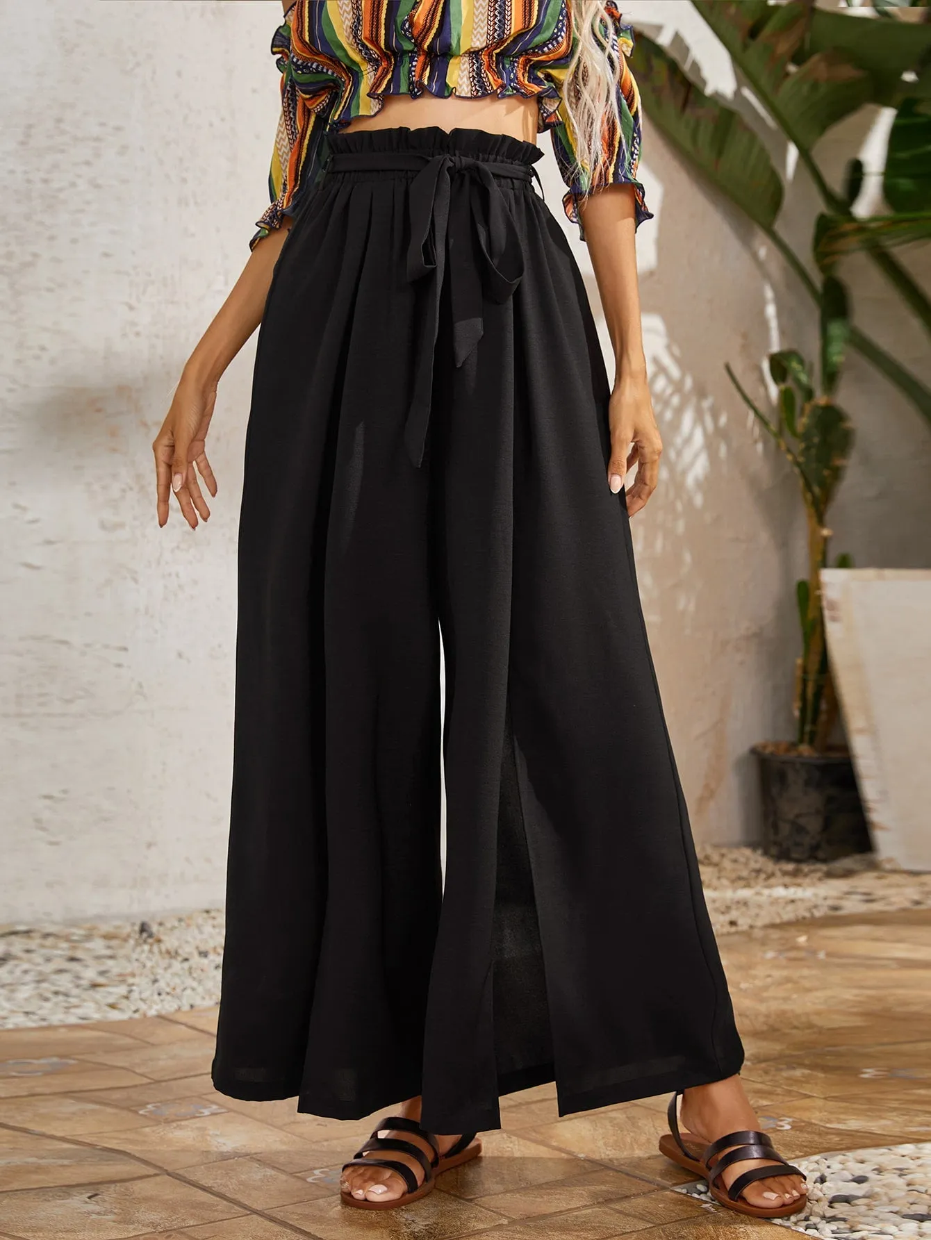 Boho Plain Paper Bag Waist High Waist Long Women Pants