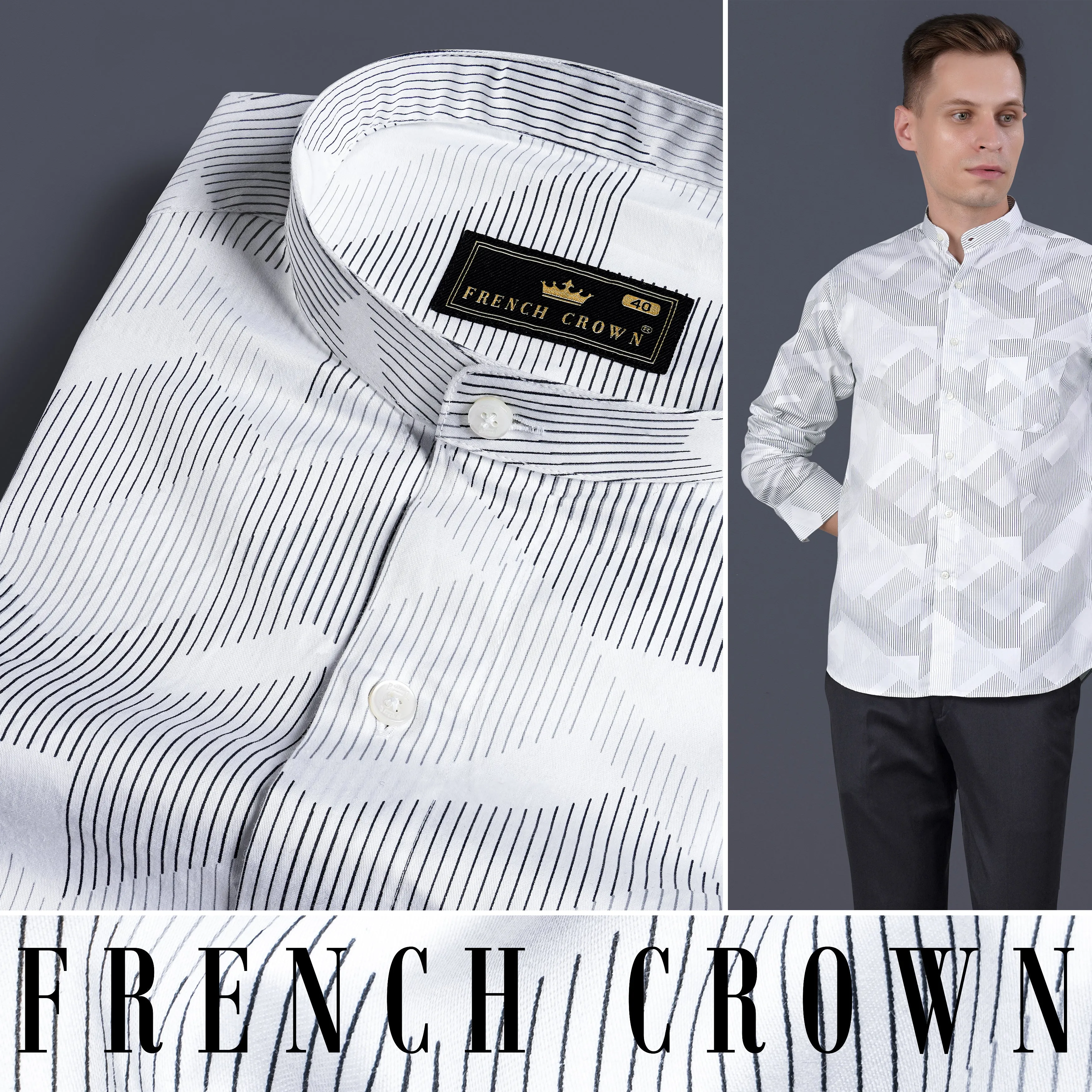 Bright White and Black Abstract Lines Printed Subtle Sheen Super Soft Premium Cotton Shirt