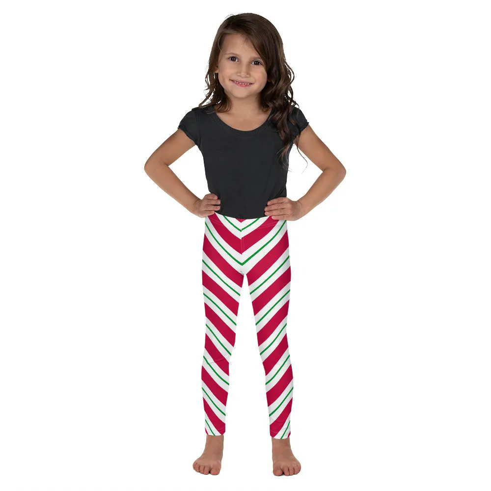 Candy Cane Kids Leggings (2T-7), Red Green Christmas Graphic Printed Striped Winter Yoga Wear Clothing Girl Activewear Style Holiday Xmas Gift