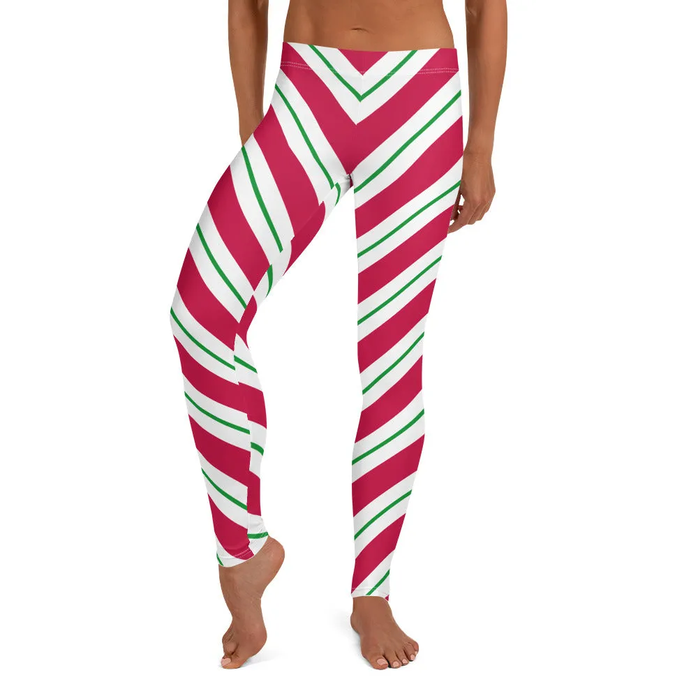 Candy Cane Leggings, Red Green Christmas Graphic Printed Striped Winter Yoga Wear Clothing Women's Activewear Style Holiday Xmas Gift