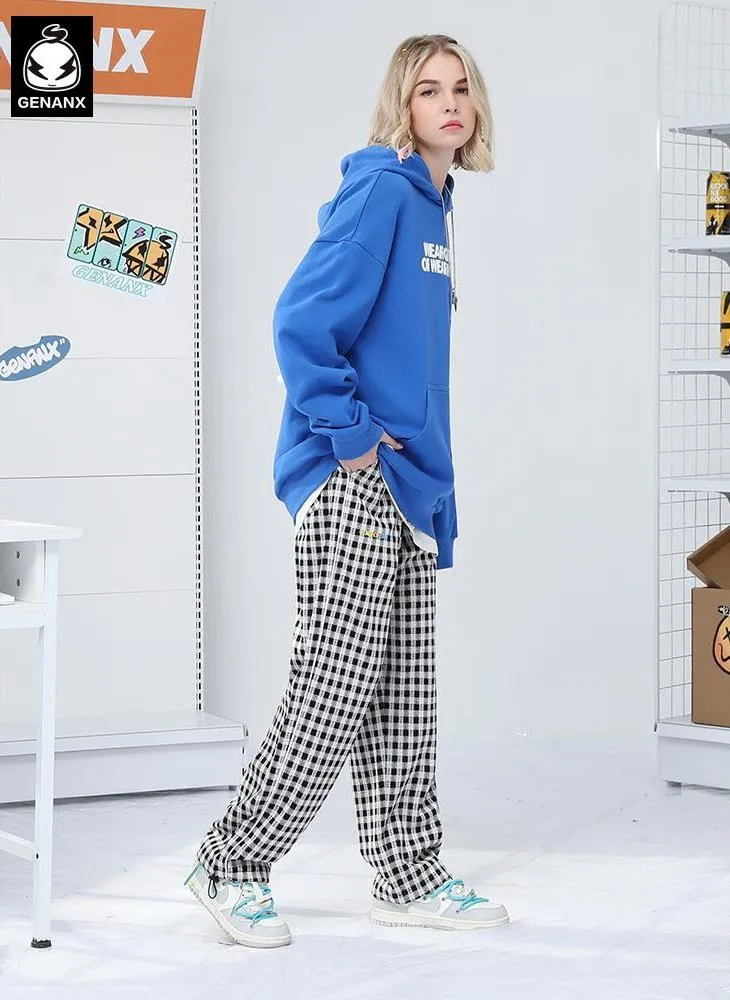 Casual Plaid Letter Embroidery Stretch Rope Jogger Pants