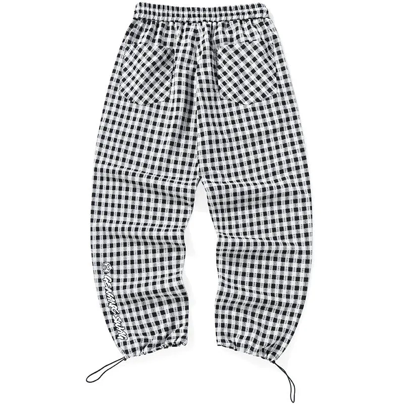 Casual Plaid Letter Embroidery Stretch Rope Jogger Pants