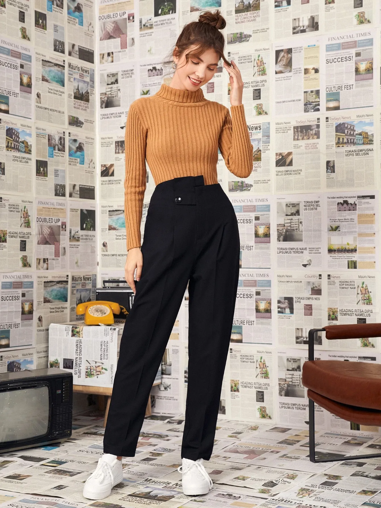 Casual Plain Button High Waist Long Women Pants