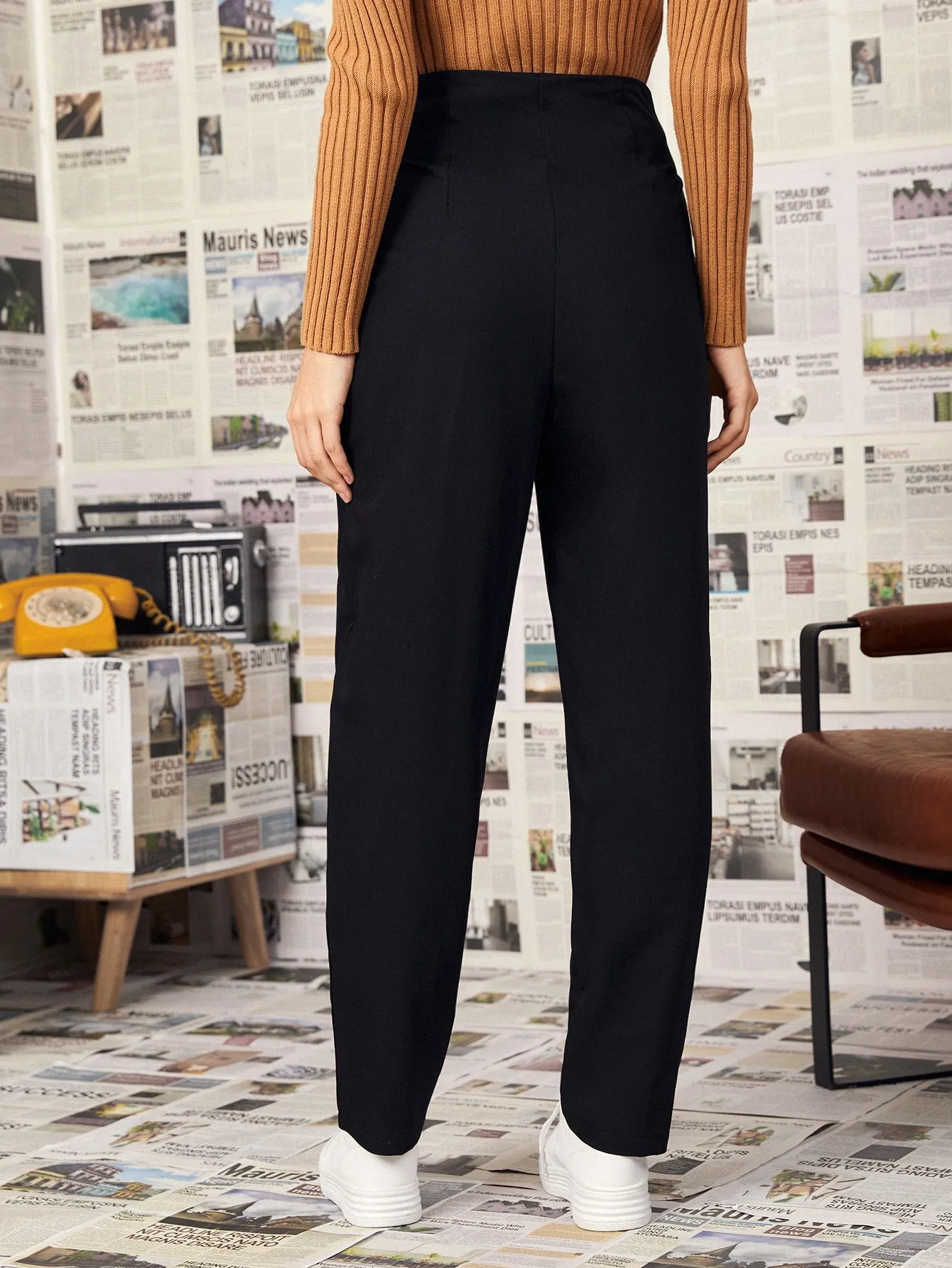 Casual Plain Button High Waist Long Women Pants