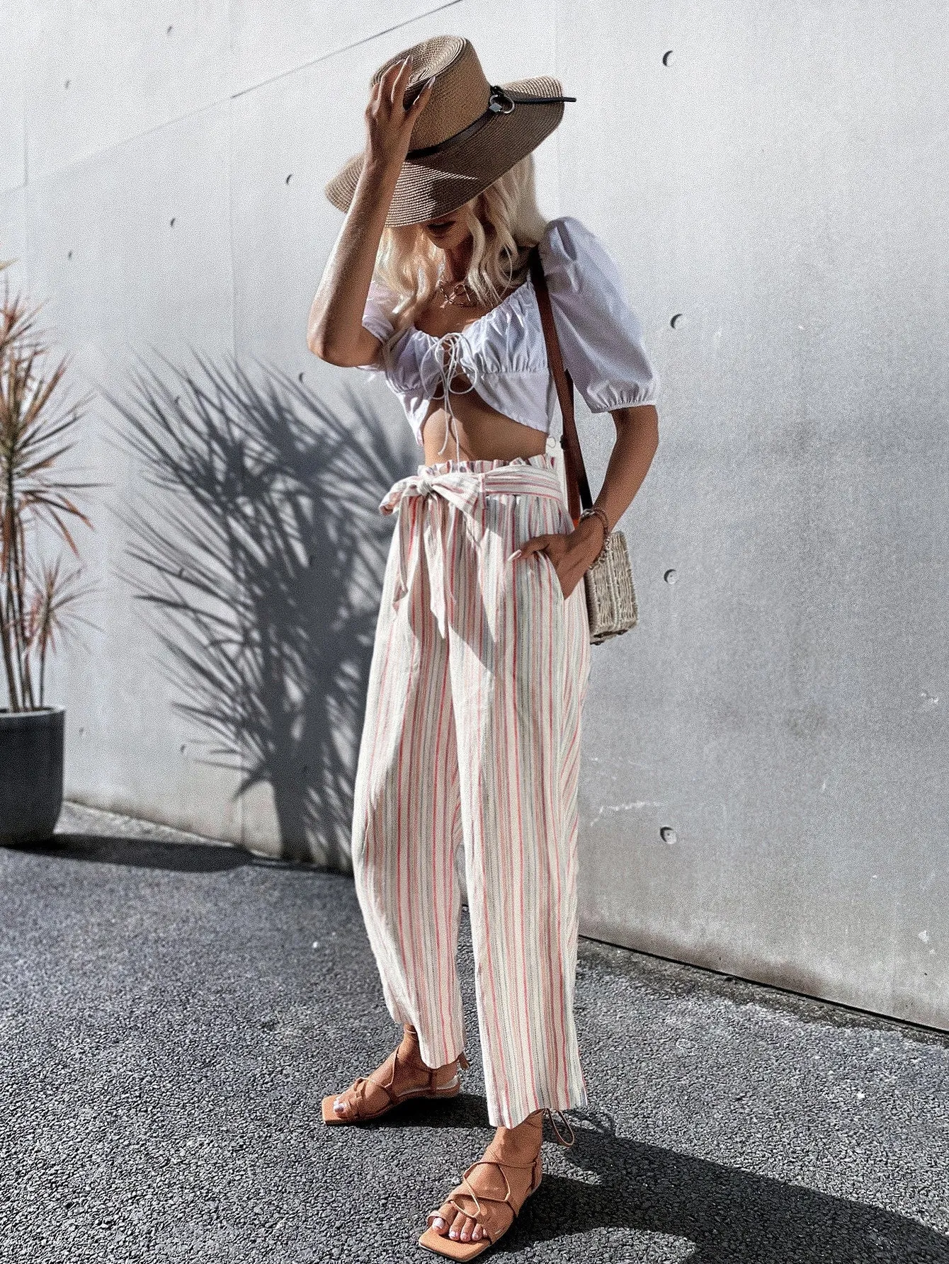 Casual Striped Ruffle High Waist Long Women Pants