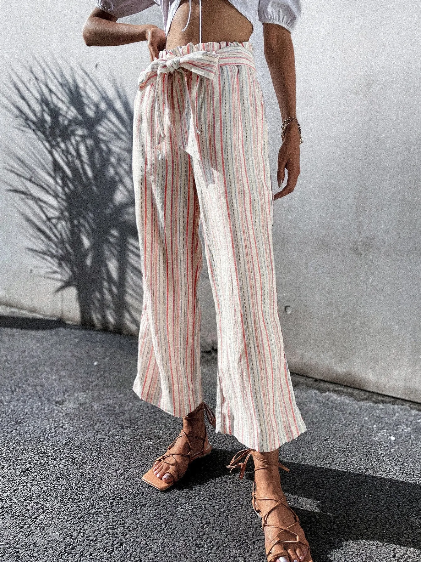 Casual Striped Ruffle High Waist Long Women Pants