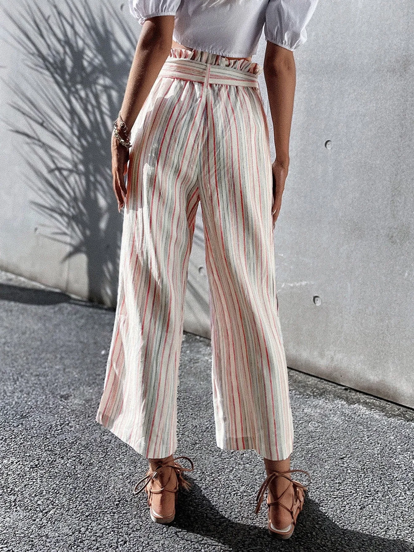 Casual Striped Ruffle High Waist Long Women Pants