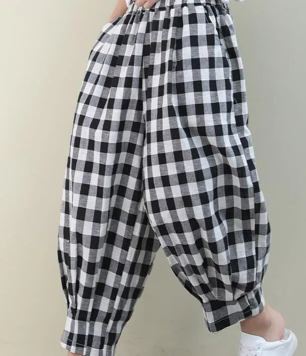 Checked Summer Loose Linen Wide Leg Women Casual Pants Elastic Waist WG05131