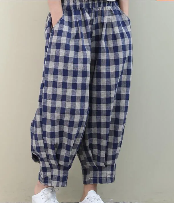 Checked Summer Loose Linen Wide Leg Women Casual Pants Elastic Waist WG05131