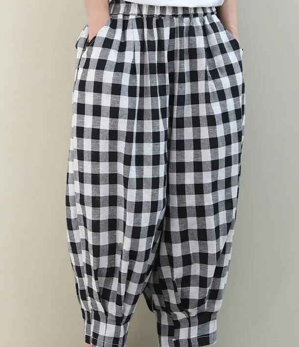 Checked Summer Loose Linen Wide Leg Women Casual Pants Elastic Waist WG05131