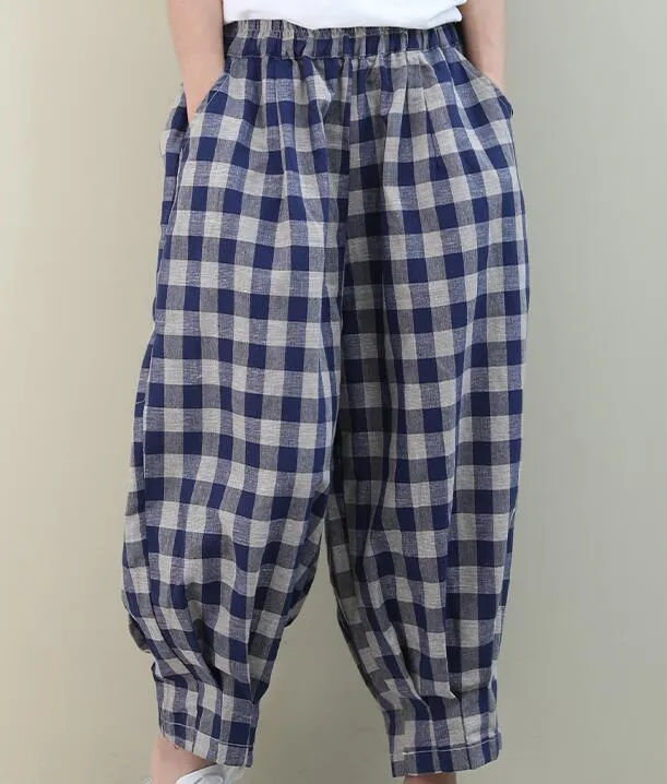 Checked Summer Loose Linen Wide Leg Women Casual Pants Elastic Waist WG05131