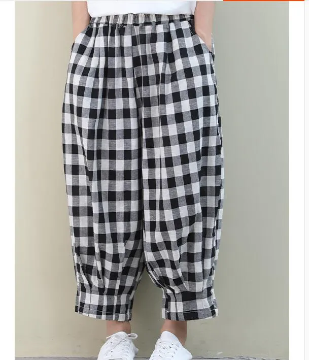 Checked Summer Loose Linen Wide Leg Women Casual Pants Elastic Waist WG05131